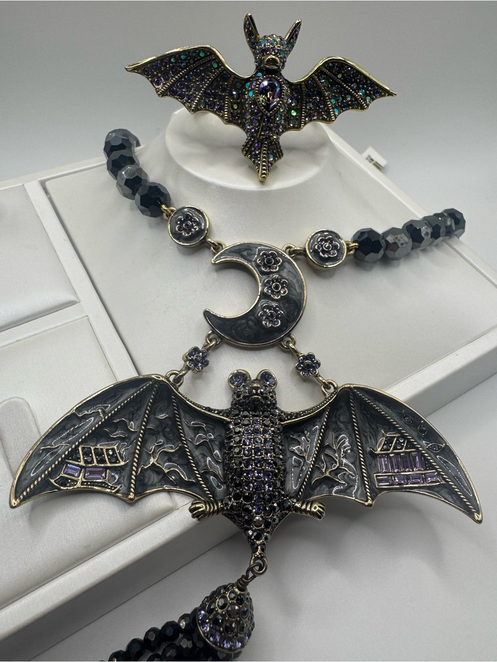Rare Heidi Daus "Going Batty" Crystal Tassel Necklace & "Batty For You" Ring Set